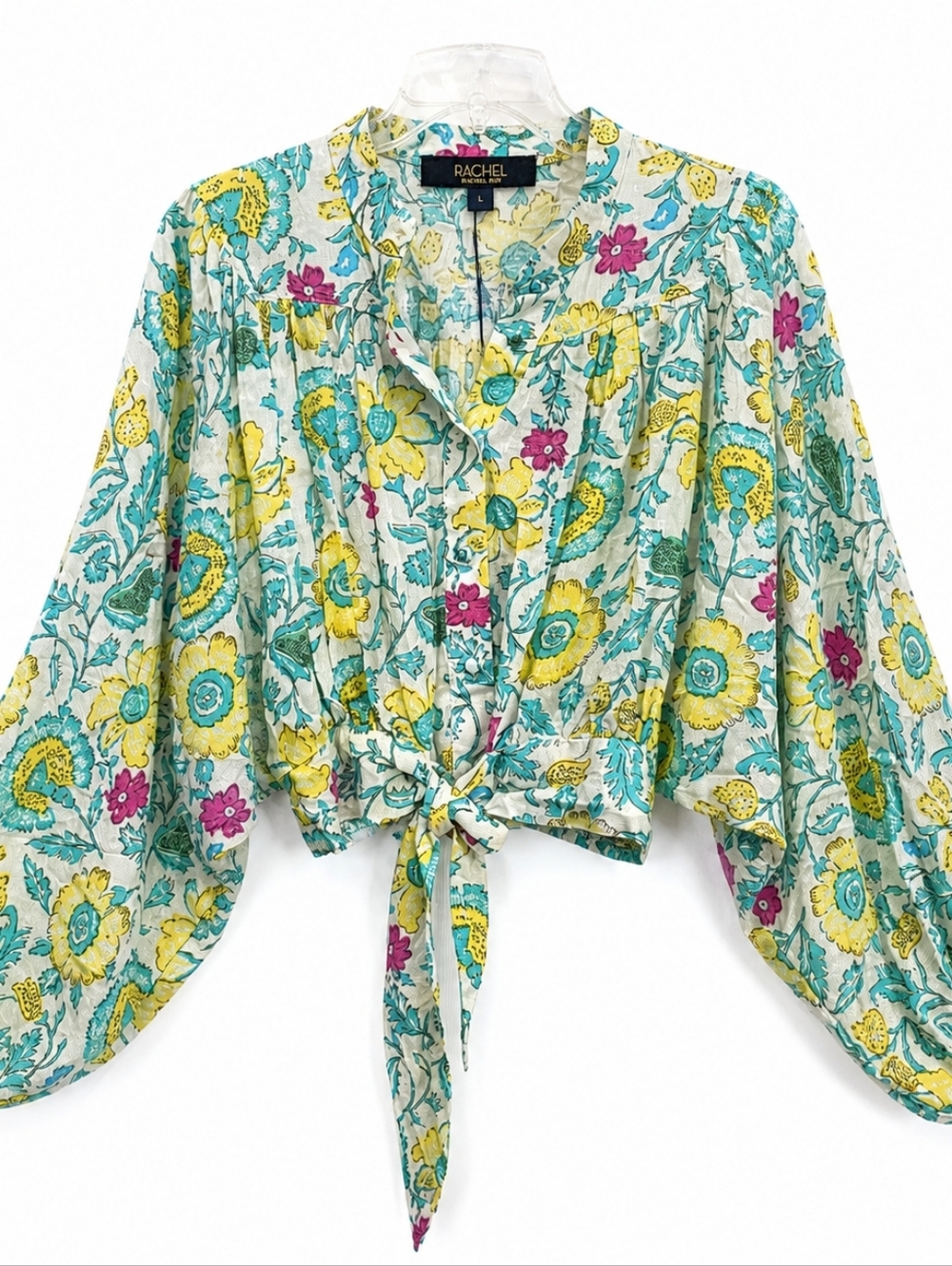 Rachel Roy Floral Tie Front Blouse L NWT Balloon Sleeve Cropped Boho Top - Picture 3 of 10